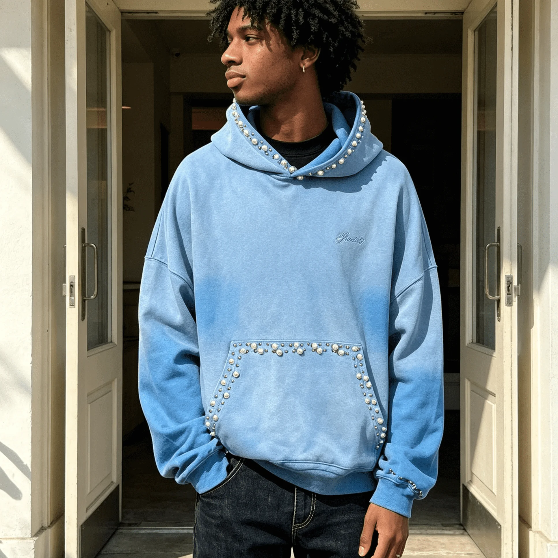 Custom Vintage Acid Washed Rhinestone Gems Decoration Hoodies for Men Fashion Streetwear Oversized Pullover Hoodies gallery 3