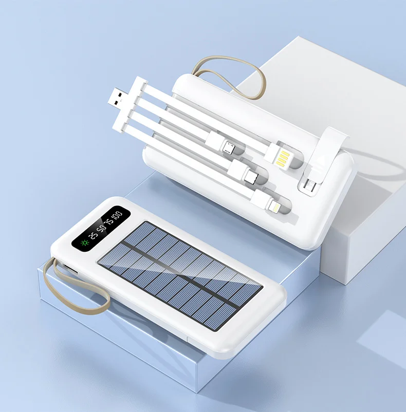 Top-Rated Portable Solar Power Bank with LED Display 4 Built-In Charging Cables LI-Polymer Battery-Best Seller