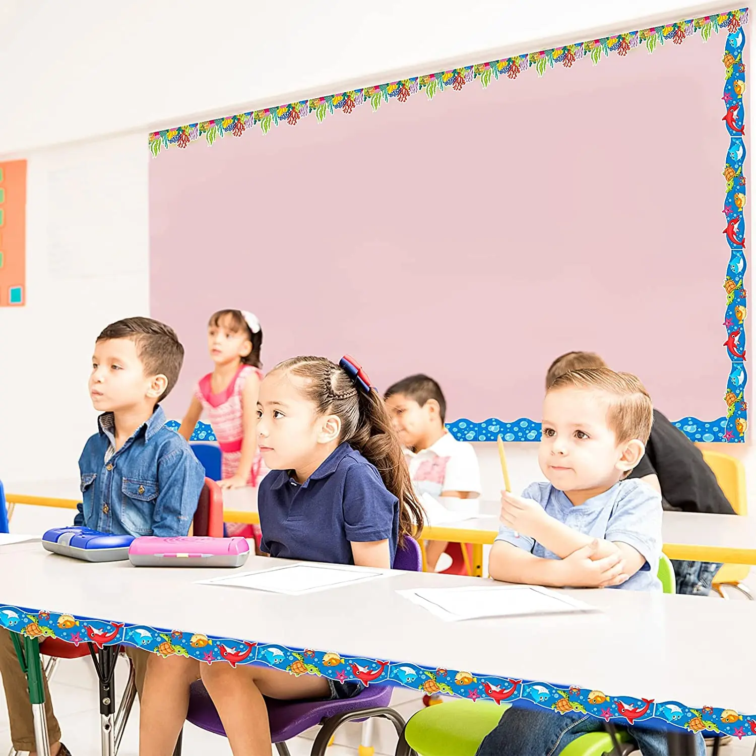 自粘边框美人鱼扇贝公告板边框装饰海洋海滩主题教室装饰, image size:1500x1500