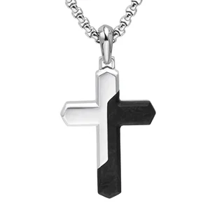 Unique Design Small Pendant Half Stainless Steel Half Forged Carbon Fiber Cross Pendant for Men and Women Charm Necklace Pendant