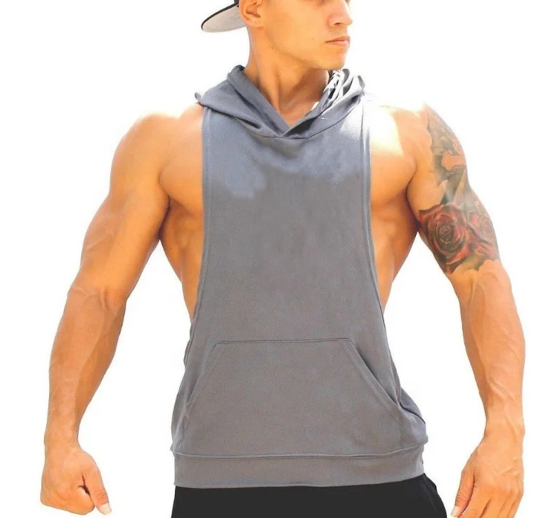 Custom Logo Bodybuilding Athletic Workout Hoodie Mens Muscle Fitness Sleeveless Tank Top Hoodies