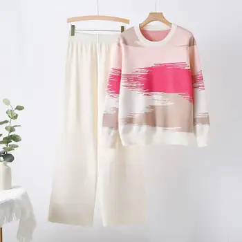 Winter Round Neck Loose Long Sleeve Knit Pullover Sweater Designer Women's Sets
