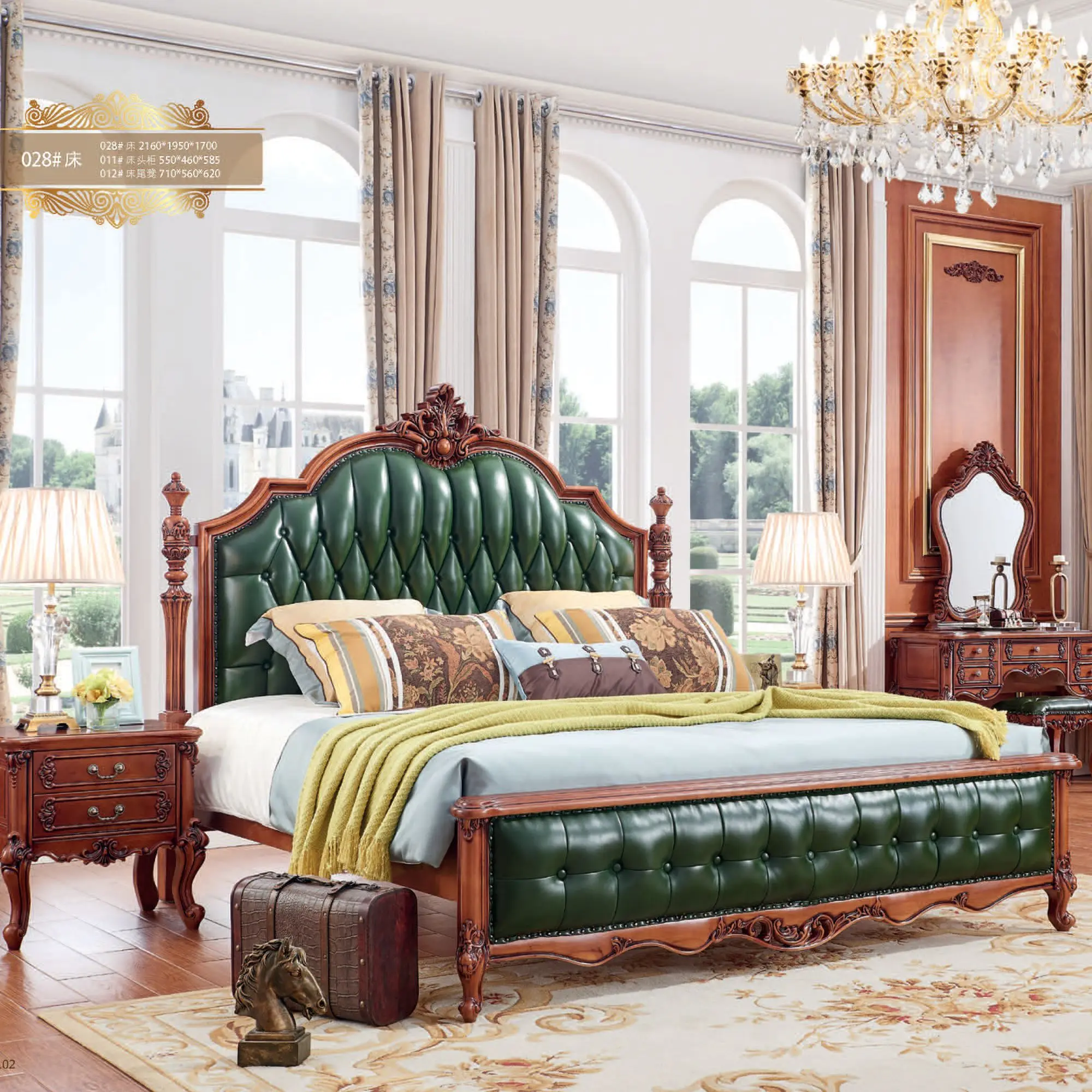 European Bedroom Furniture Set Luxury Royal French Style Button Tufted Bed  Apartment Green Bedroom Set, image size:2000x2000