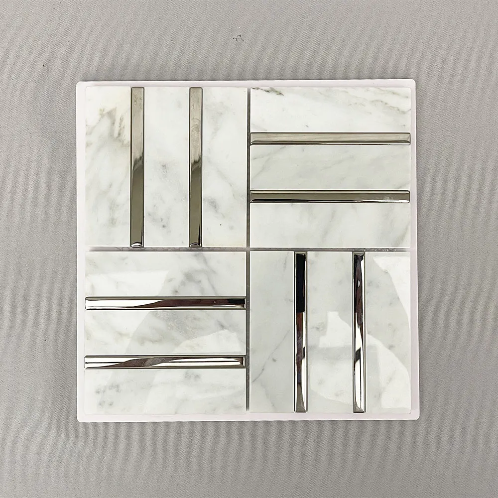 White Italy Carrara Marble Tiles Mosaic with Silver Glass