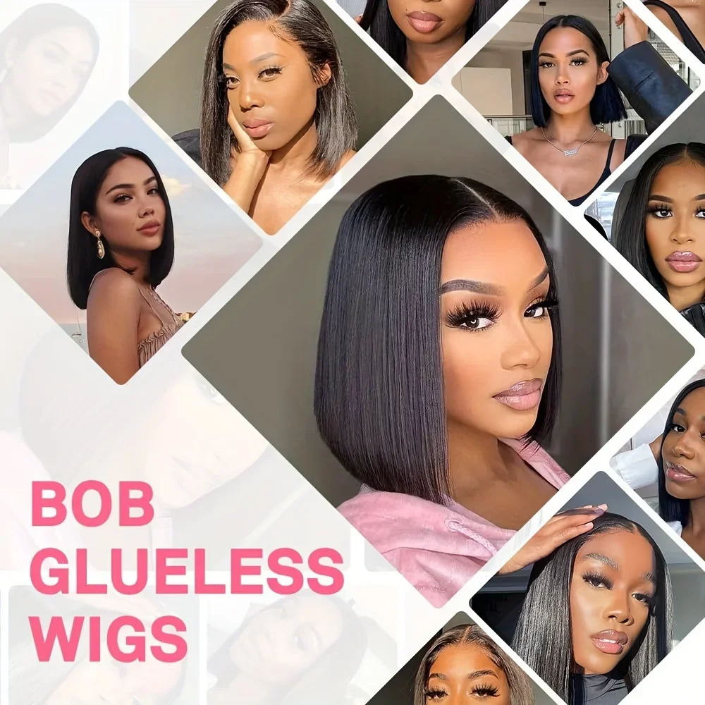 Wear and Go Bob-Perücken ohne Kleber, Echthaar, vorgezupft, vorgeschnitten, 8 x 5 Zoll, transparente Perücken mit Spitzenverschluss, 180 % Dichte, Damenperücken_voghion.com