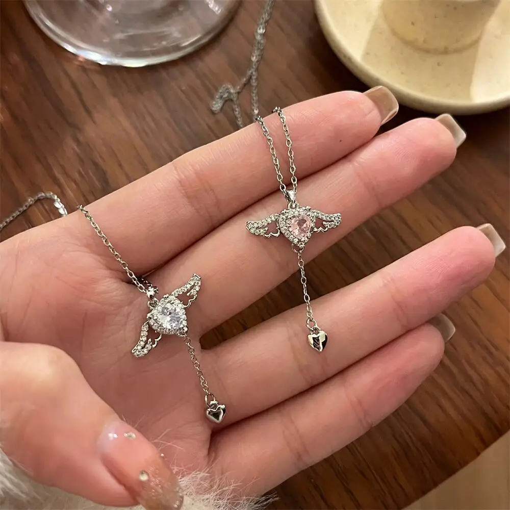 Girl's Neck Chain Cupid Arrow Necklace Pink Crystal Angel Wings Heart Pendant Necklace for Woman Minimalist Jewelry