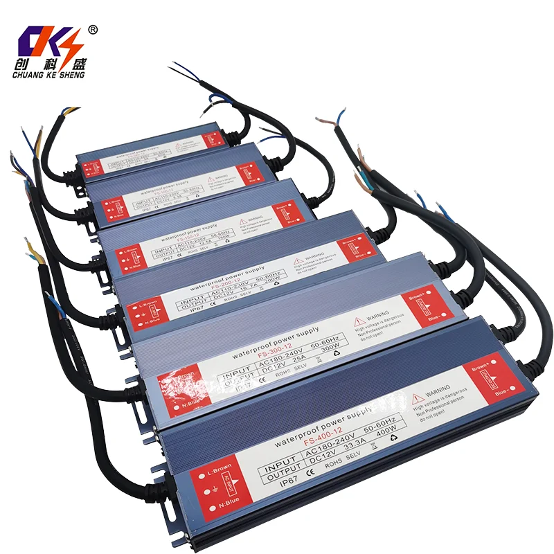 CKS 12V IP67 Waterproof Power Supply Series 5A 8.3A 12.5A 16.7A 25A 33.3A AC to DC60W-400W Aluminium Transformer for Outdoor LED