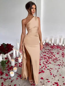 Clothes Manufacturer Elegant Satin Evening Dress Women Custom Single Shoulder Side Slit Floor-Length Party Guest Dresses