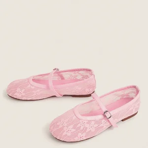 BUSY GIRL CXX297 Pink Mesh Lace Breathable Sandals Shoes Yellow Round Toe Shallow Mouth Single Buckle Flat Casual Sandals