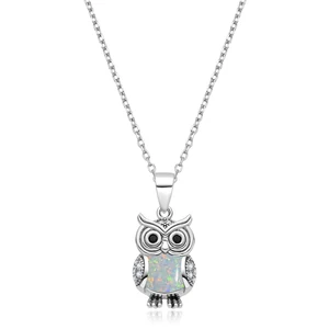 925 Sterling Silver Opal Owl Pendant Necklace Rhodium Plated Animal Necklace for Wedding Fine Pendant Necklaces