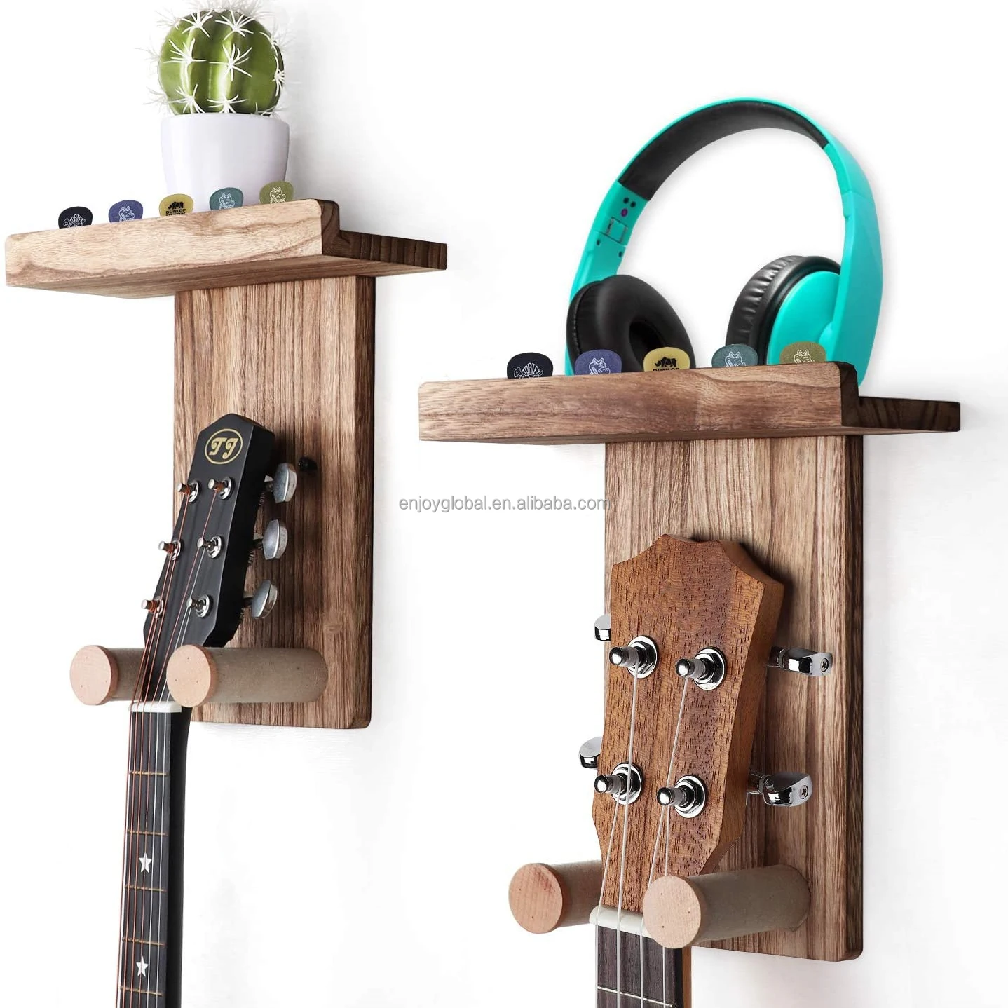 Support Mural Guitare Et Basse En Bois Avec Étagère - Élégant Et Sécurisé Pour Instruments