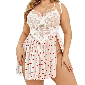 Plus Size Lingerie Lace Babydoll Womens Strap Chemise Nightgown V Neck Nighty Mesh Sleepwear Side Slit Nightdress