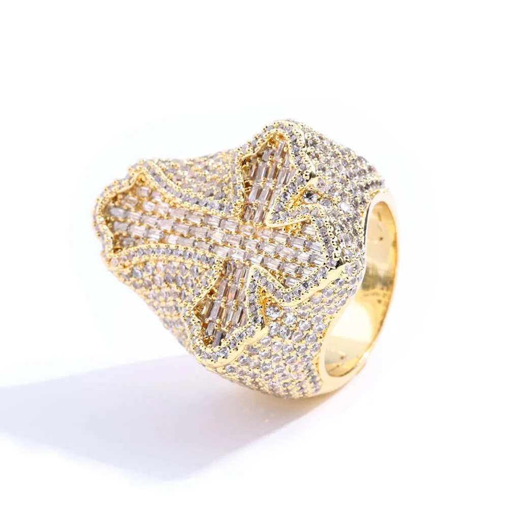 NUOYA Hip Hop Rapper Jewelry Shiny Diamond Cross Ring for Men White Gold Plated Micro Pa aperçu 3