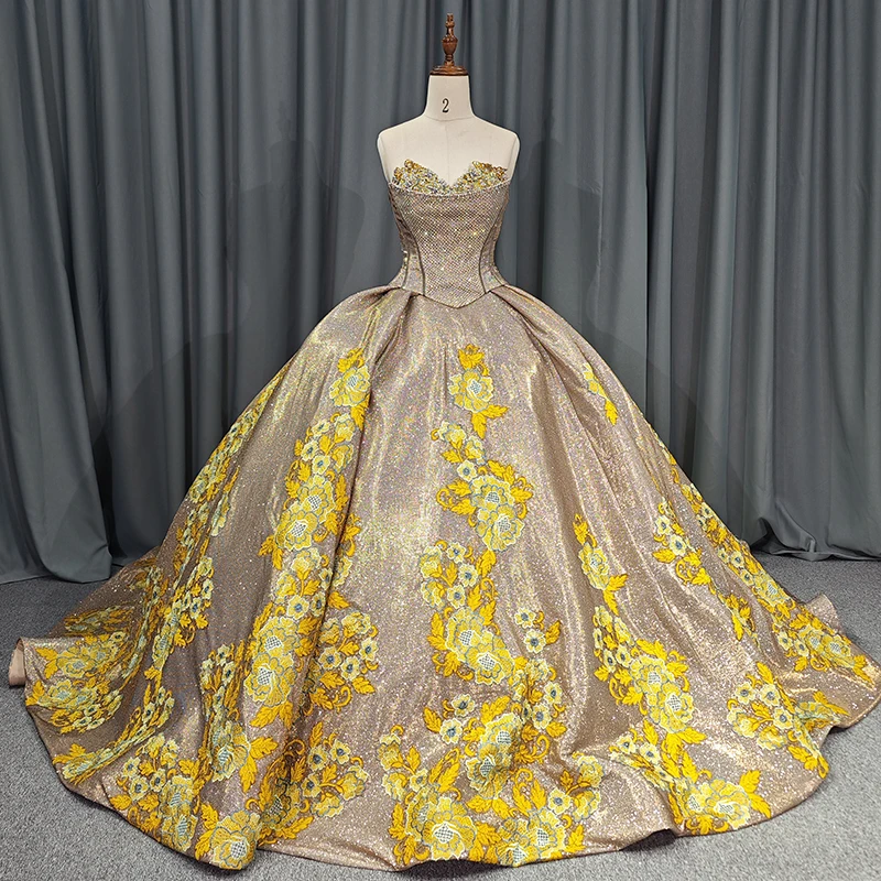 Golden Yellow Debut Gown Princess Luxury Applique Lace Sweetheart Dress  Ball Gown Prom 6642