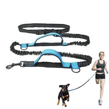 Retractable Reflective Adjustable Running Walking Training Bungee Hand Free Pet Dog Leash With Waist Belt Dual Handles