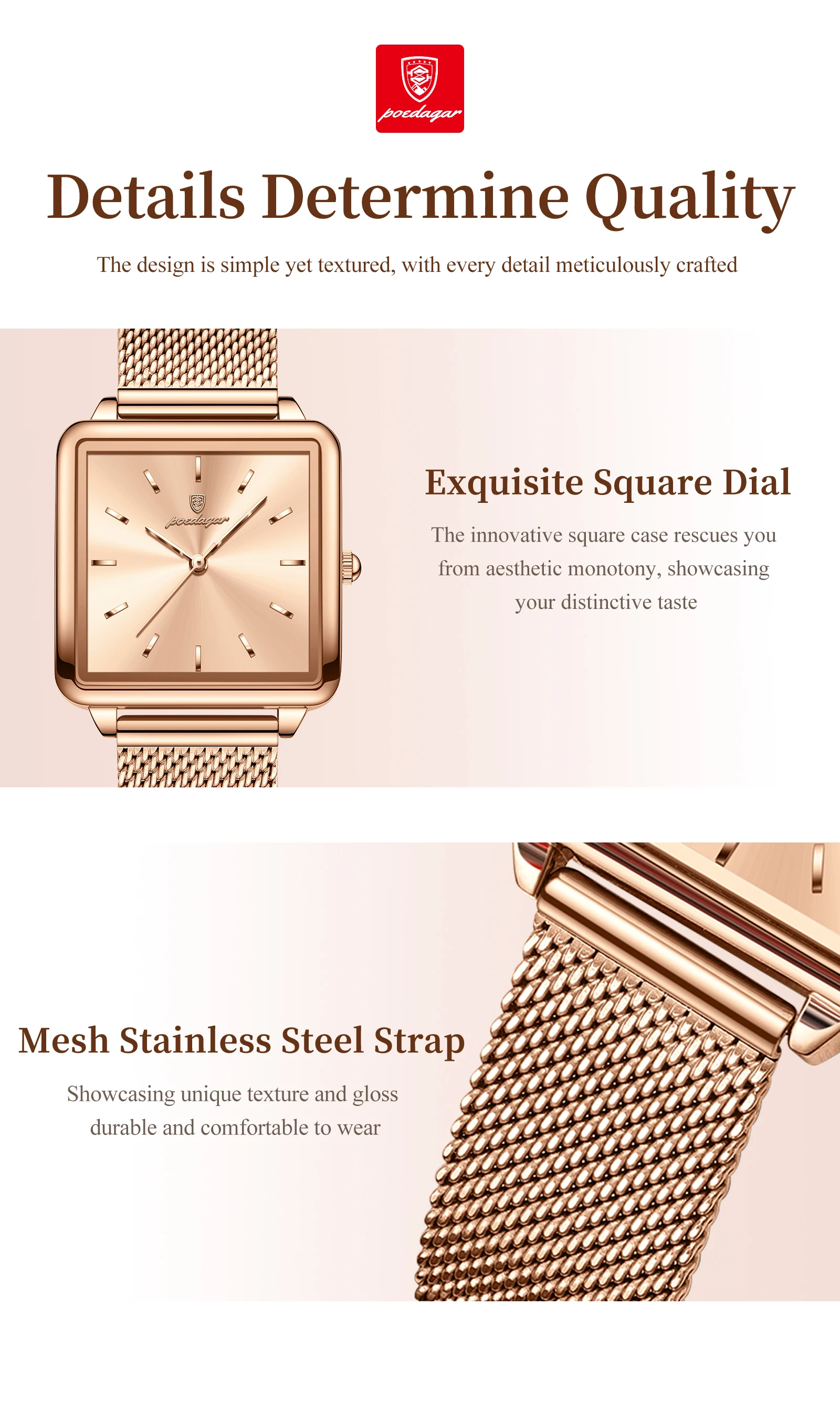 POEDAGAR 793 New Arrival Women's Square Fashion Quartz Watch Simple Design Mesh Steel 30M Waterproof Leisure Watches for Ladies