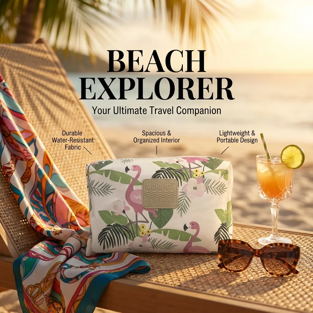 Waterproof Tropical Print Tyvek Zipper Closure Lightweight Cosmetic Bag Aloha Bay Beach Explorer Por
