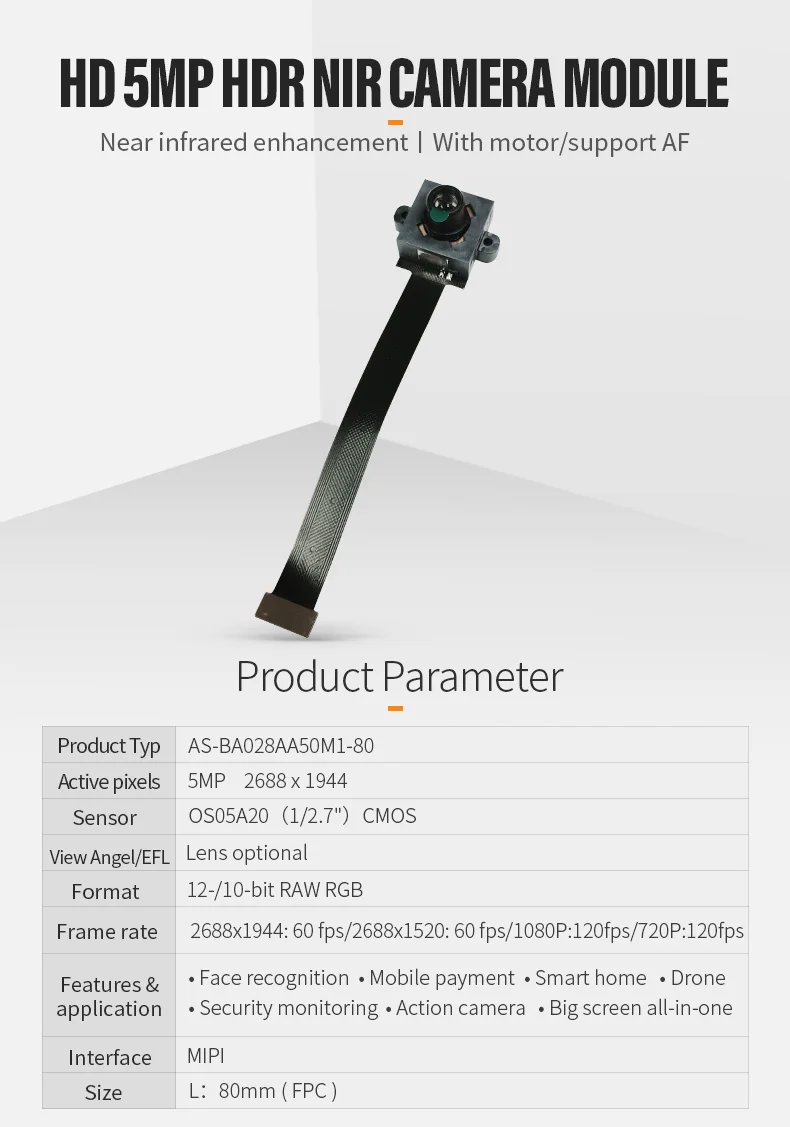 DGZX OS05A20 Camera Module HD 5MP 60fps 120fps Intelligent Surveillance Auto Focus 850nm 940nm NIR Enhanced插图