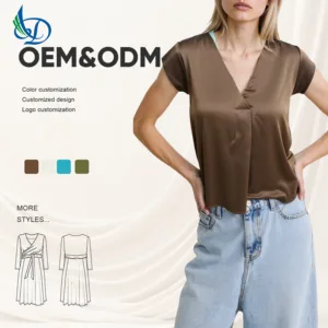 2026 Summer Women's Solid Color Short Sleeved Shirt, Casual V-neck Design, Breathable, Simple and Fashionable