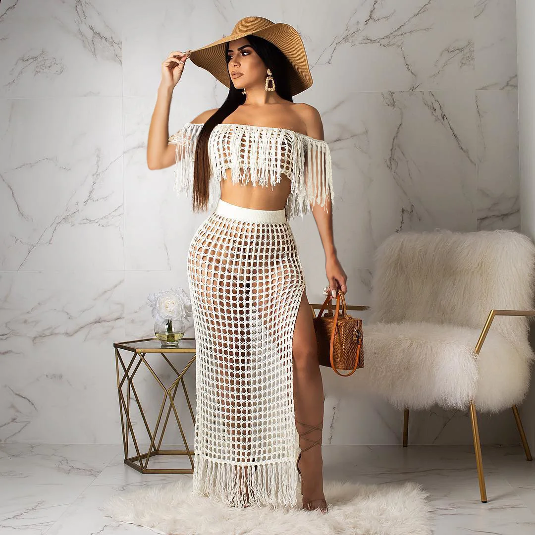 Summer Hand Crochet Sexy Off Shoulder Crop Top Slit Skirt Vacation Outfits  Women Two Piece Set Net Beachwear With Tassel
