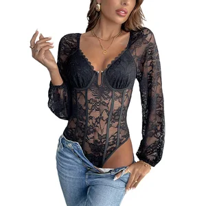 New sexy lace jumpsuit, lace and lace patchwork three-dimensional fishbone chest cupped jumpsuit