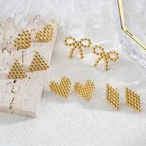 Wholesale 18K Gold Plated Beaded Bow Earrings Trendy Stainless Steel Studs with Butterfly Shape Fashion Jewelry for Women Girls
