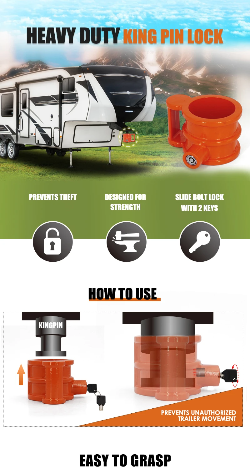 Heavy Duty Yellow King Pin Lock For 5th Wheel Trailers – Anti-Theft Security With Warning Tag