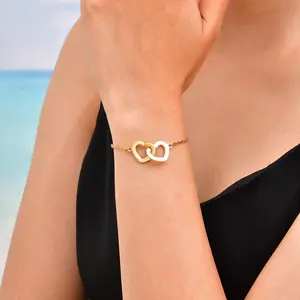 Fashion Custom Name Classic Style Couple Jewelry Bracelets Stainless Steel Double Heart Interlocking Bracelet