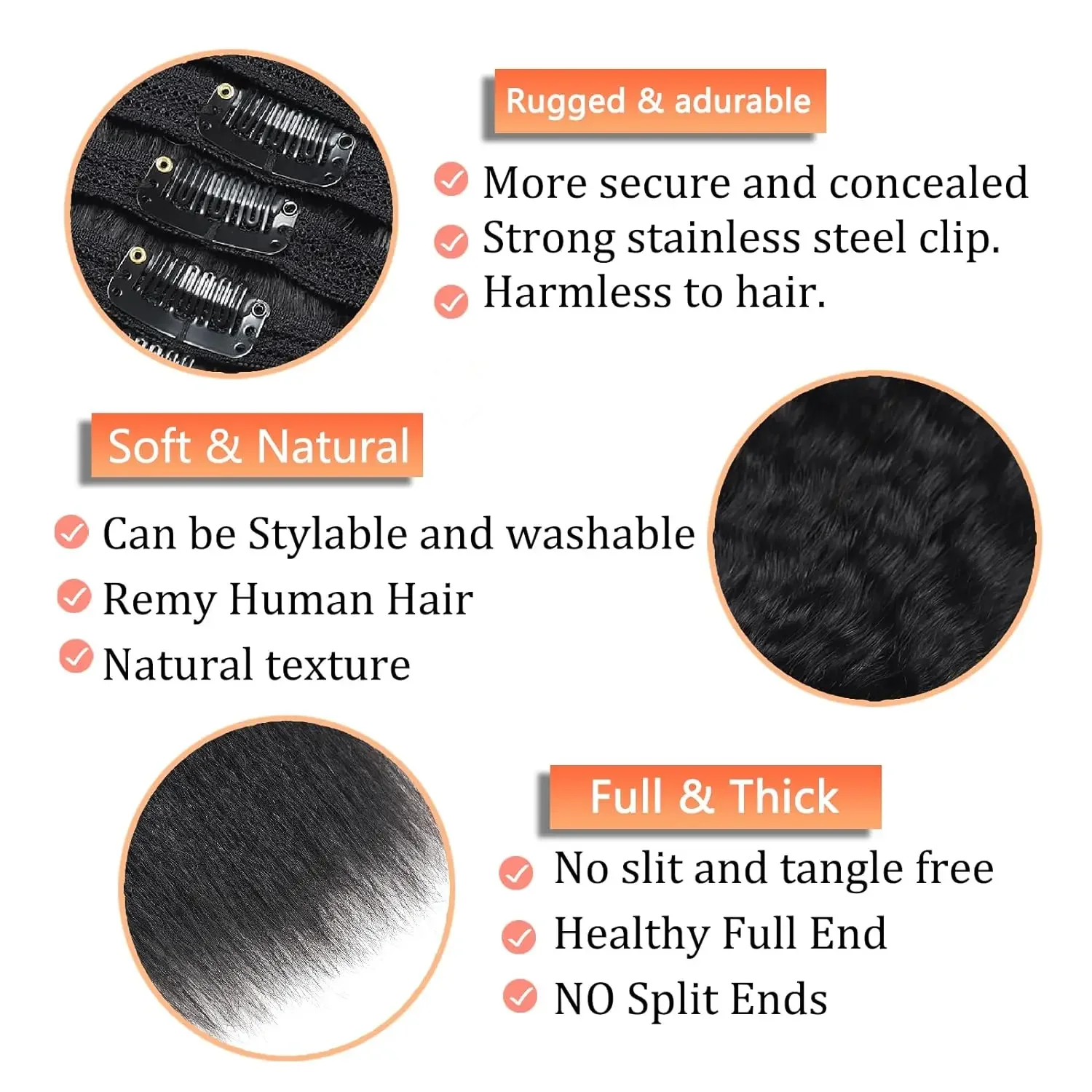 Kinky Straight Clip-in Hair Extensions Ekte Menneskehår Naturlig Svart For Kvinner Remy Sømløse Clip-ins_voghion.com