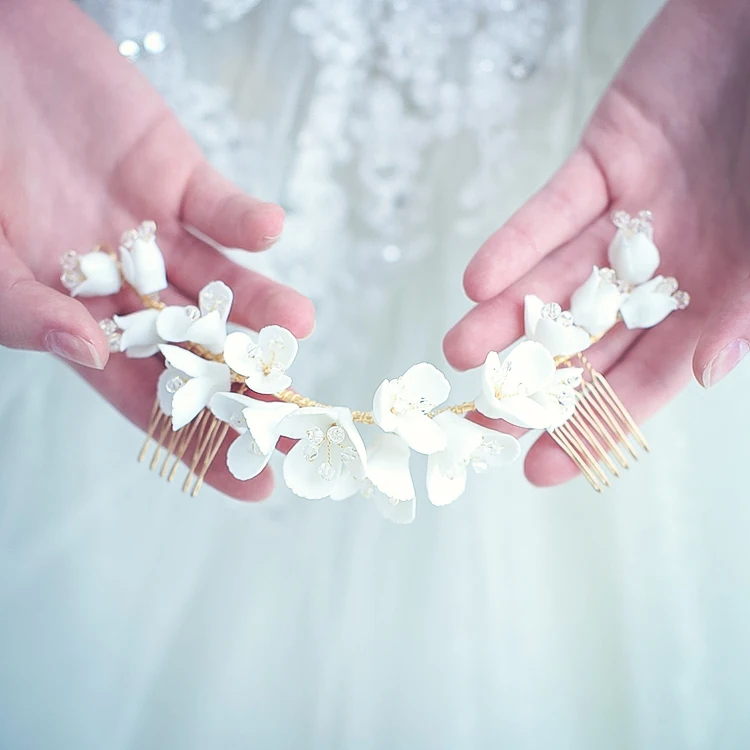 Elegant Handmade White Ceramic Flower Headdress Bridesmaid Bridal Accessories Jewelry Women Hair Combs Earrings