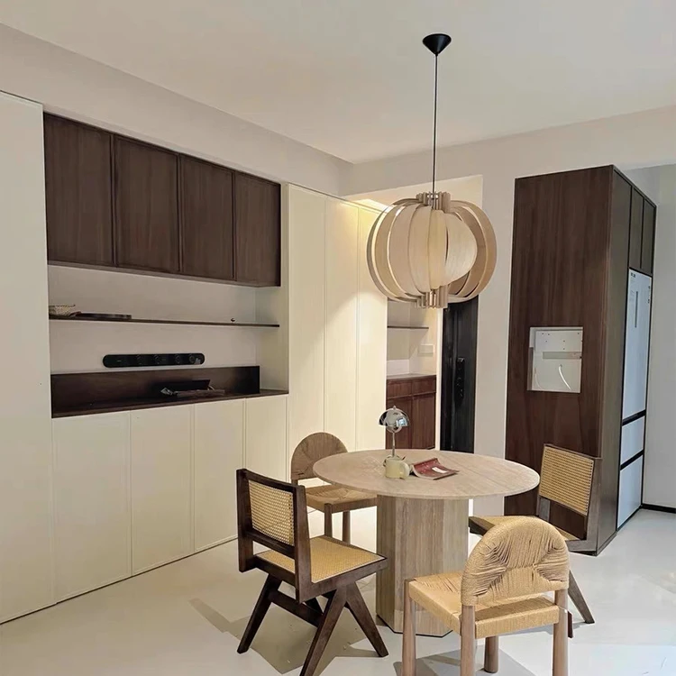 Scandinavian wooden pendant light above modern dining table