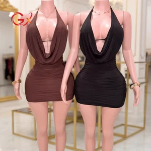 GX25210 Fashion 2025 Summer Sexy Halter Design Backless Sexy Mesh Mini Dress Sleeveless Slim Fit Night Club Dresses