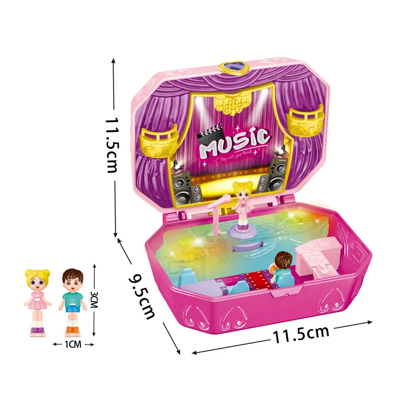 EPT Mini Lighting and Music Small Stage Portable Pocket Minitures Pretend Play Magic Box Toy Polly Pockets Dolls House for Girls