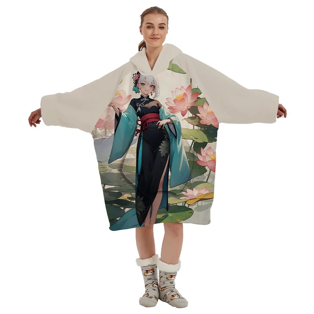 Original Factory Custom Anime Design Sherpa Sweatshirt Wearable Hooded Blankets Oversized Hoodie Blanket