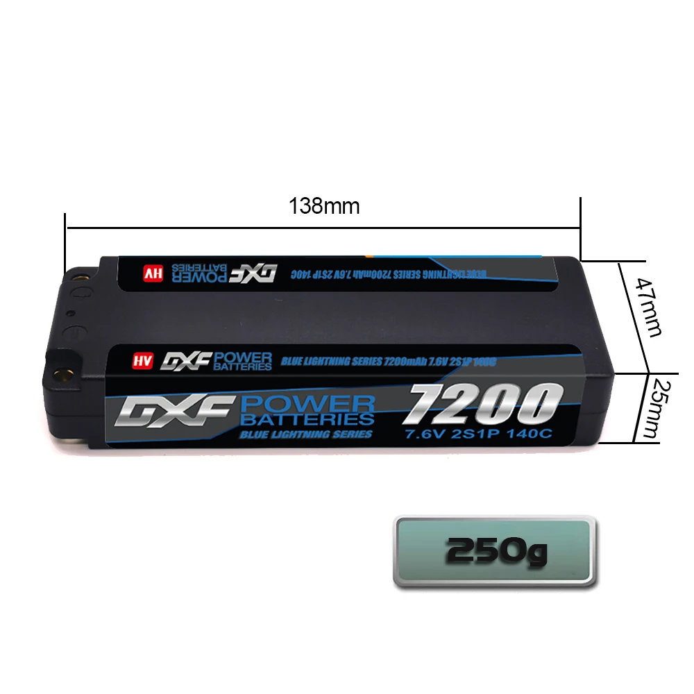 Kit com 2 baterias DXF 2S LiPo, 7,6V, 7200mAh, 140C, com conector T de 5mm para carros RC 1/8 e 1/10 - Losi, HPI, Tamiya, Axial_voghion.com