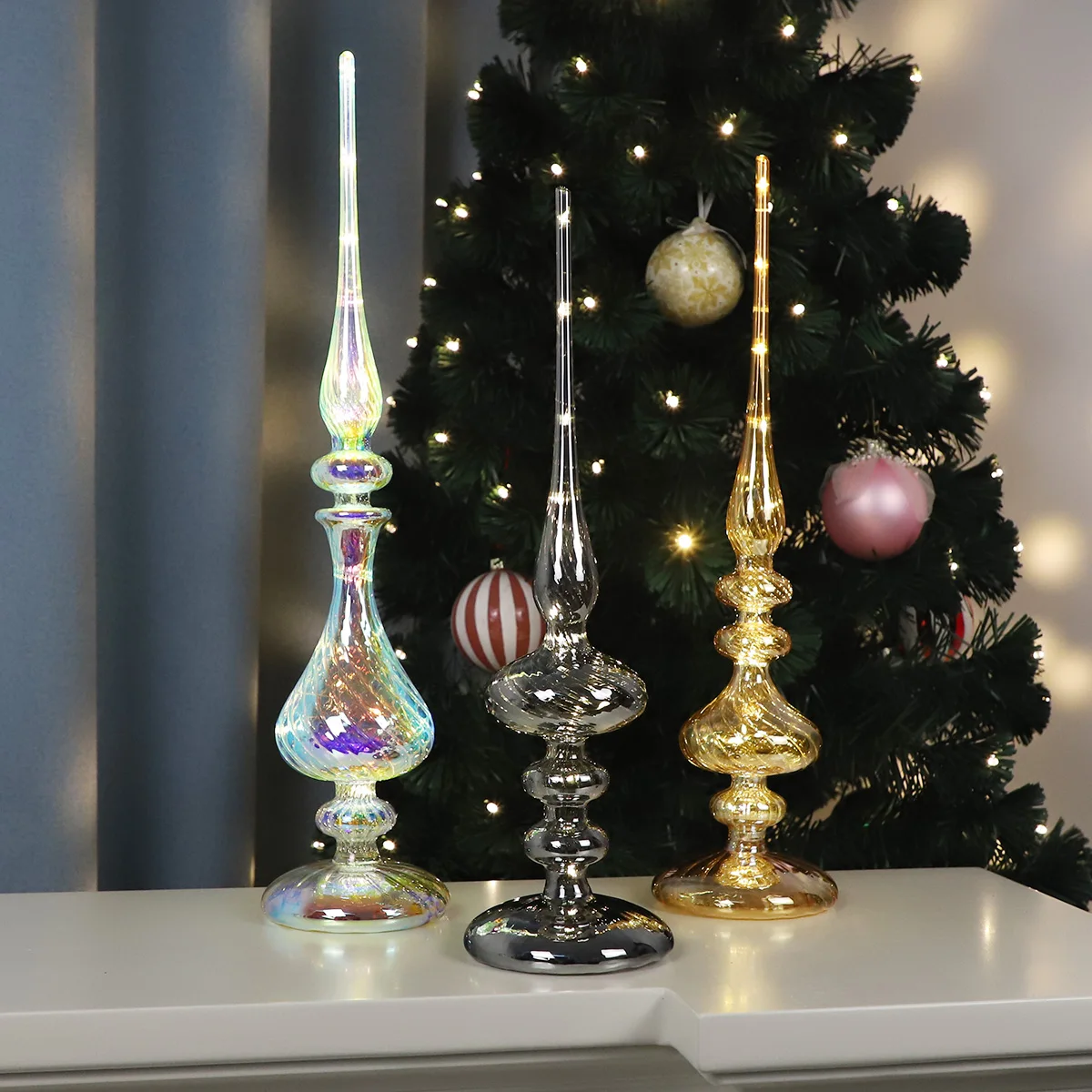 2024 New Design Slender Handmade Glass Christmas Tree Rainbow Painted Shining Lights Decoration For Wedding Festival Party