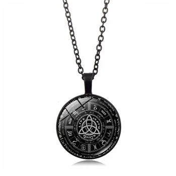 Vintage Round Photo Jewelry Zodiac Glass Pendant Link Statement Handmade Chain Pagan Wheel Of The Year Cabochon Wiccan Necklace