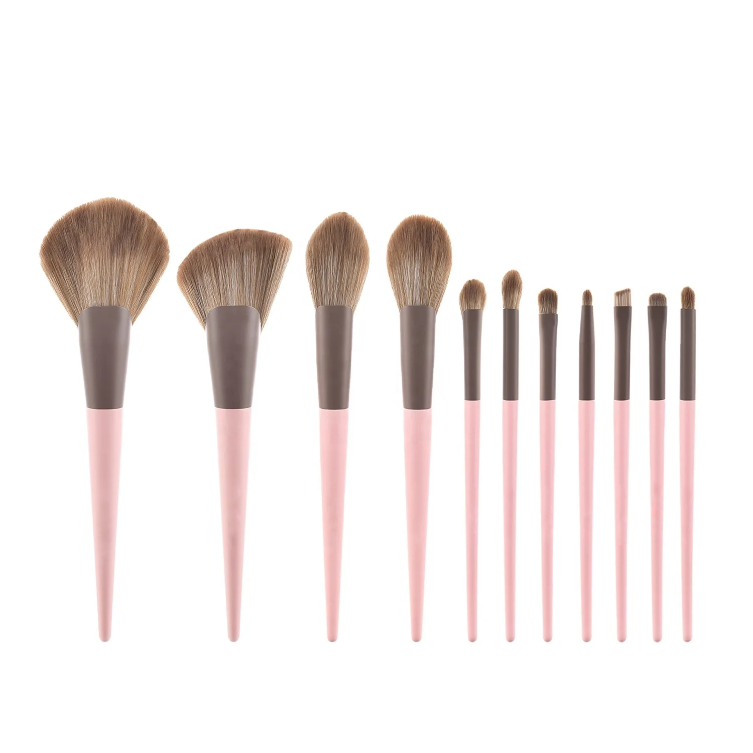 MOQ 20 Sets Custom Own Brand LOGO Girls lovely 11pcs Candy Pink Matte Color Wood Handle  Makeup Brus