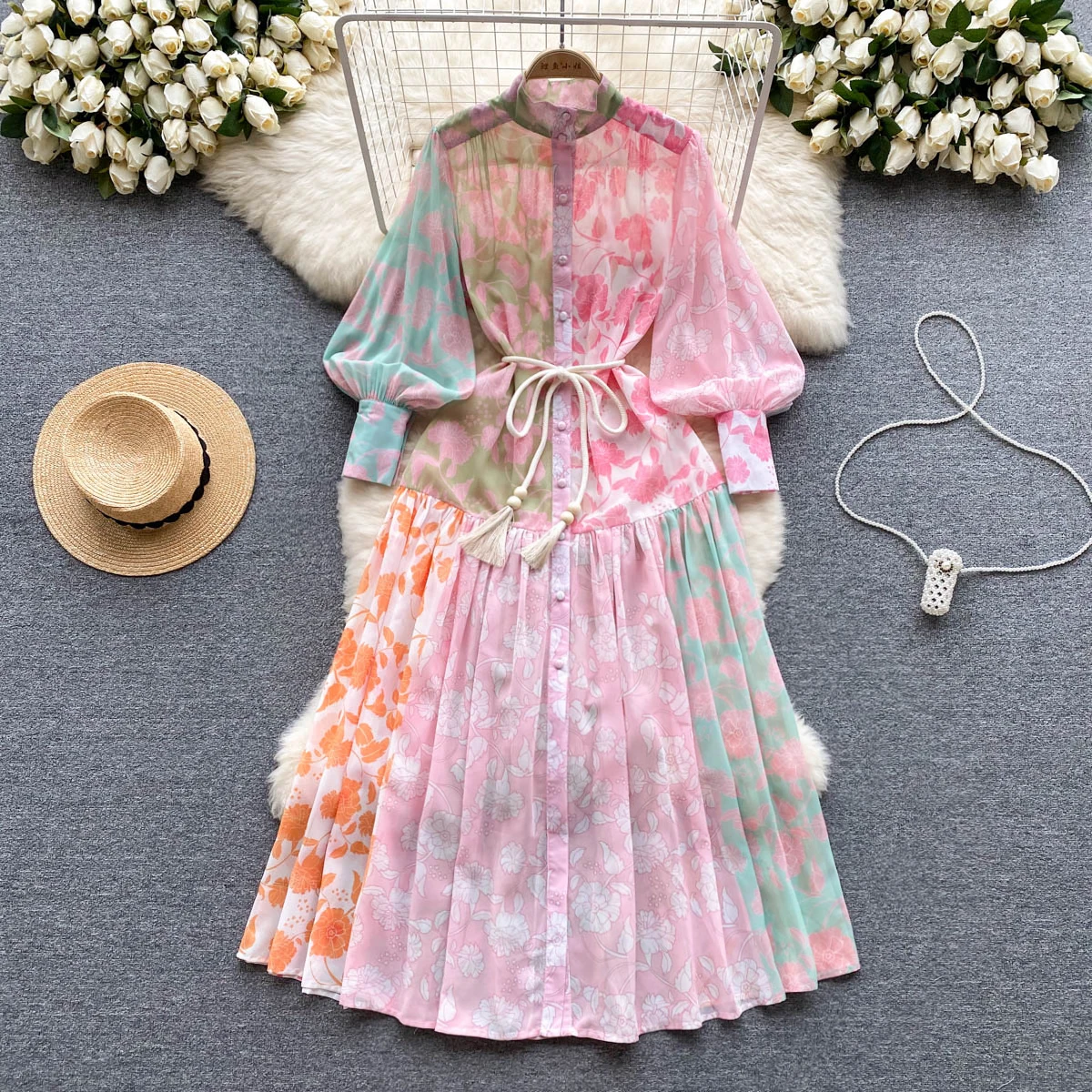 Printed Standing Collar Long-sleeved Casual Dress Women's Spring And ...