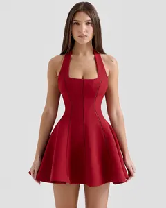 Custom Halter Sleeveless Sexy Mini A-line Dress For Women Summer Fashion Red Gown High Waist Club Party Long Evening Dress