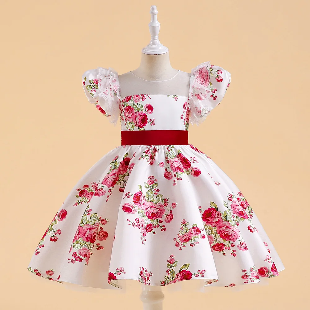 New Wholesale High-end New Arrival Kids Wear Printed Satin Dress Girls  Frocks Children Beautiful Model Party Dress