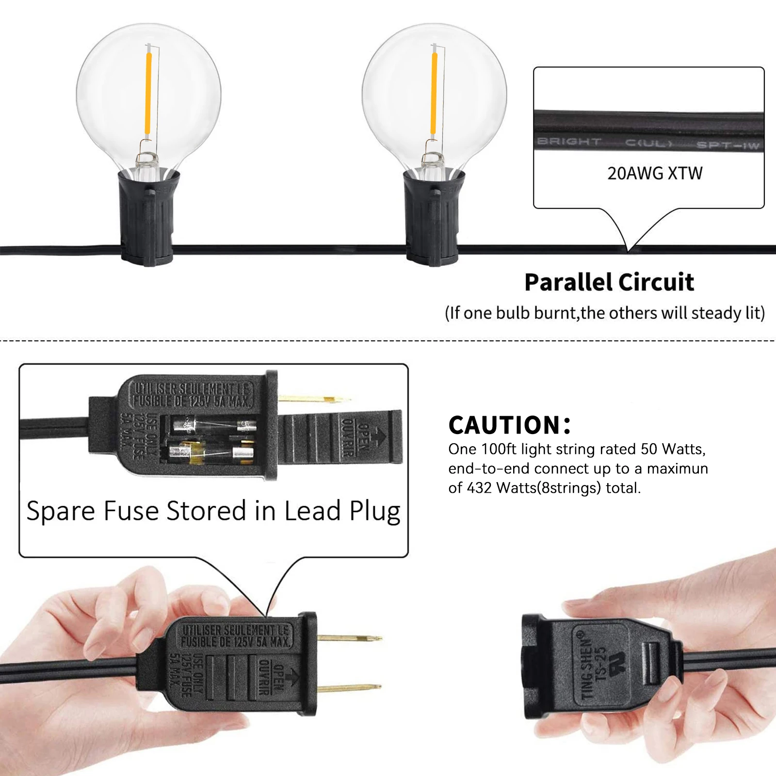 100ft Outdoor String Lights,Dimmable G40 Led String Lights With 55