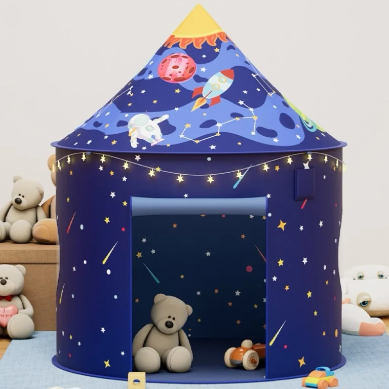 Rocket Ship Teepee Child Pop-up Small Space Playhouse Indoor Fun Kids Play Tent with Lights