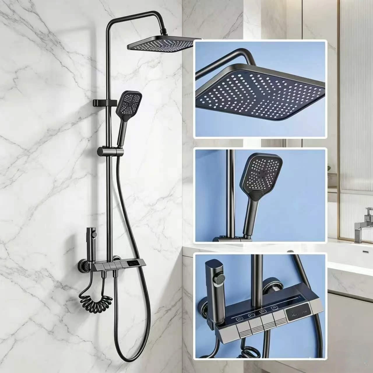 Conxunto moderno de ducha de chuvia de aluminio con control dual quente/frío, pulverización axustable e tecnoloxía de aumento de presión