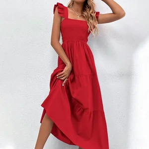 Custom High Quality Manufacturing Fashion  Maxi  Summer Vestido Casual Elegant Cotton Red Ladies Dress