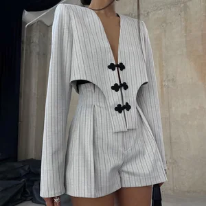 Elegant Slim Long Sleeve Irregular Top With High Waist Shorts Set Streetwear Women Fashion Stripe Print 2 Piece Sets