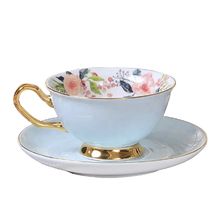 Hot Selling Modern Floral Ceramic Tea Cup and Saucer with Spoon Bone China Gold Rim Coffee Cup Saucer Set