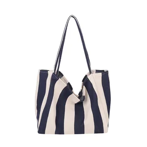 Custom Ladies Stripes Canvas Shoulder Bag Big Capacity Striped  Shopping Tote Bag Versatile for Autumn Winter Spring