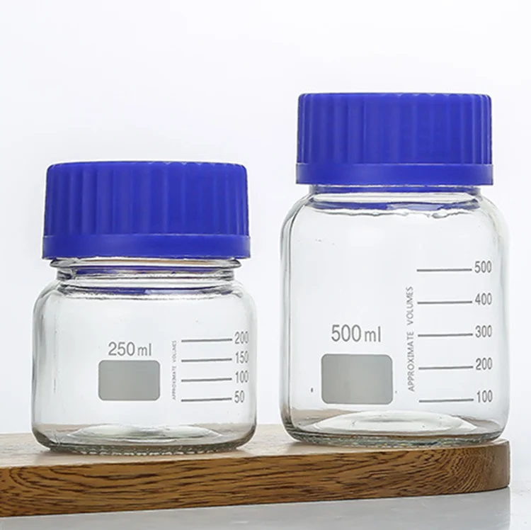 Factory Wide Mouth 1 Liter Lab Glass Reagent Bottle 1000ml Borosilicate Media Storage Jar With Blue Screw Cap
