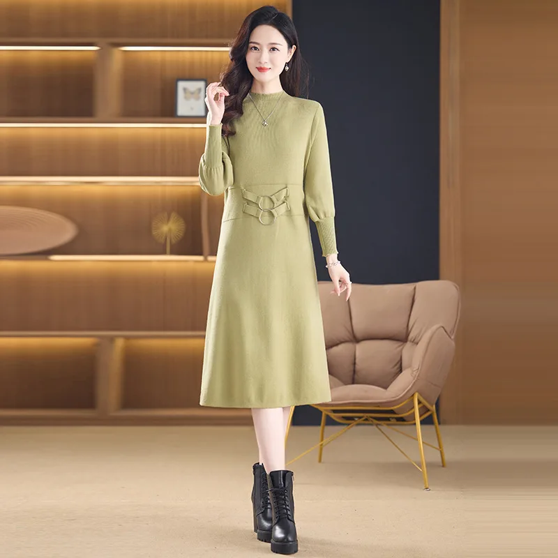 knee length dresses for ladies Knitted Dress for Women Comfy Polyester Long Sleeves High Collar main image 0